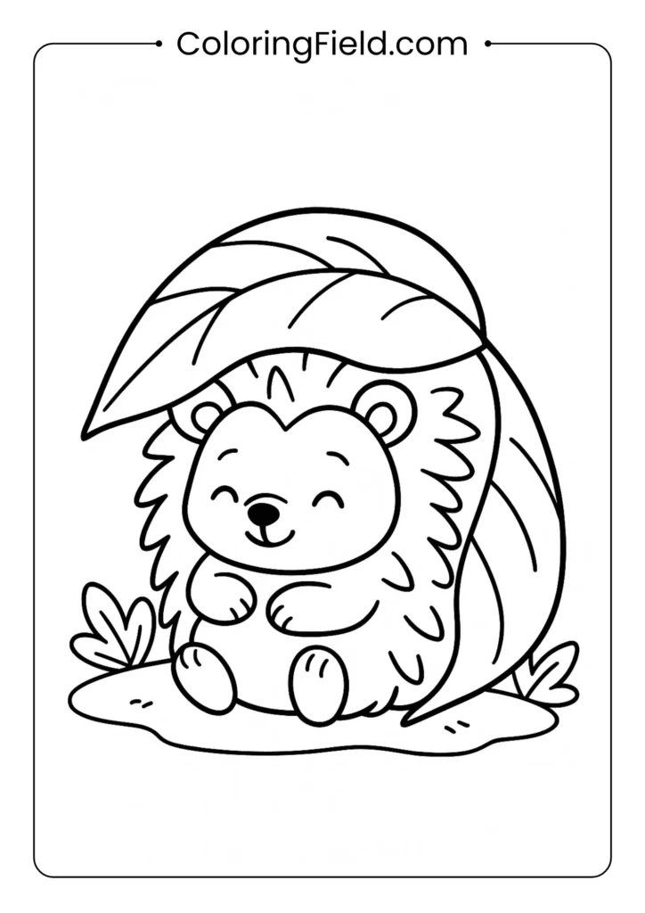 Hedgehog under leaf blanket coloring page featuring a cute hedgehog snuggled beneath a pile of autumn leaves.