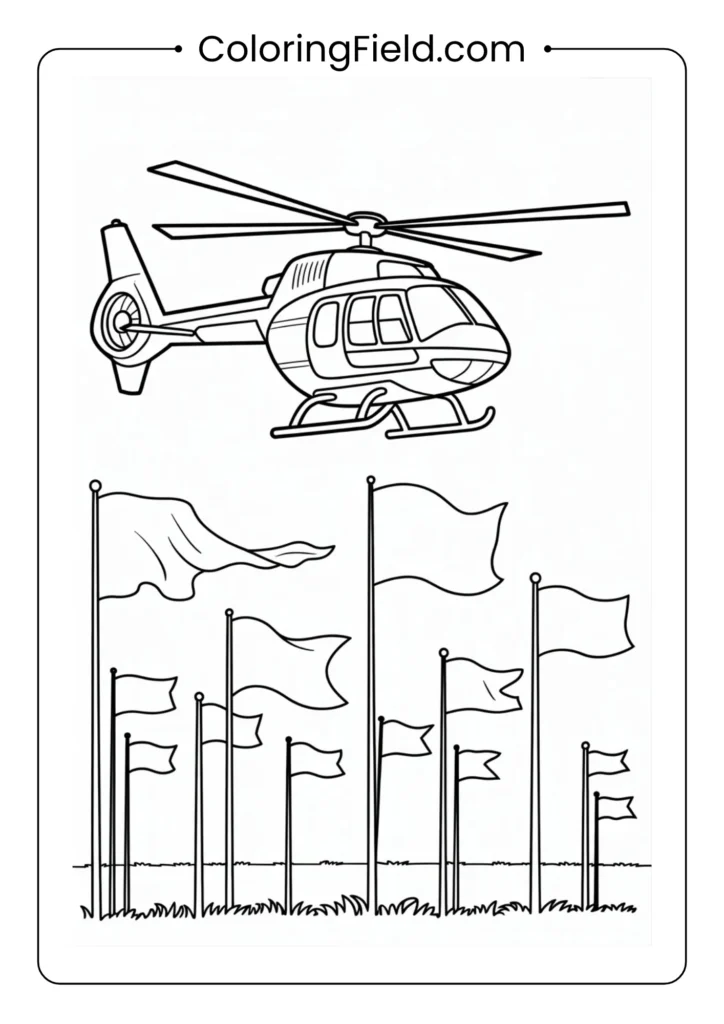 Helicopter flying over a field of flags coloring page featuring a military helicopter soaring above rows of waving American flags.