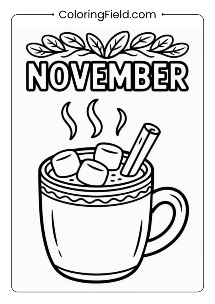 Steaming mug of hot cocoa topped with marshmallows and surrounded by cozy seasonal details.