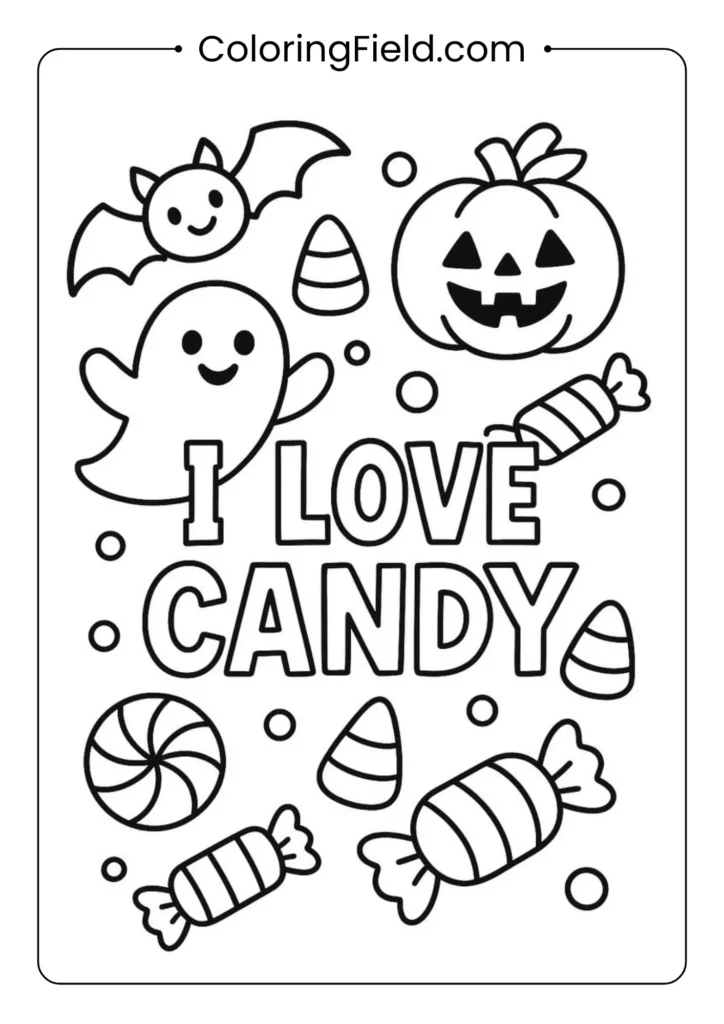 “I Love Candy” coloring page featuring fun Halloween sweets like lollipops, candy corn, and chocolates.