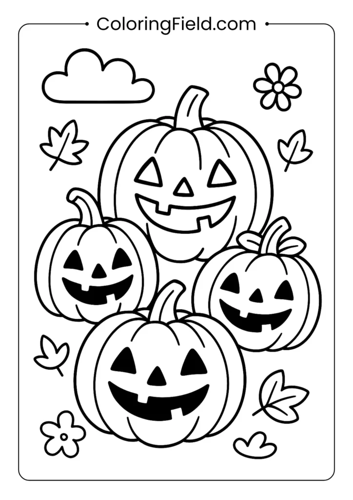 Jack-o’-lantern friends coloring page featuring a group of smiling pumpkins with fun and friendly faces.