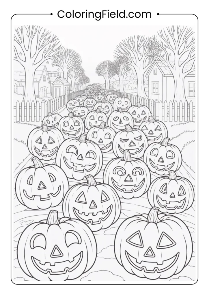 Jack-o’-lantern parade coloring page featuring a row of glowing pumpkins with different spooky and funny faces.