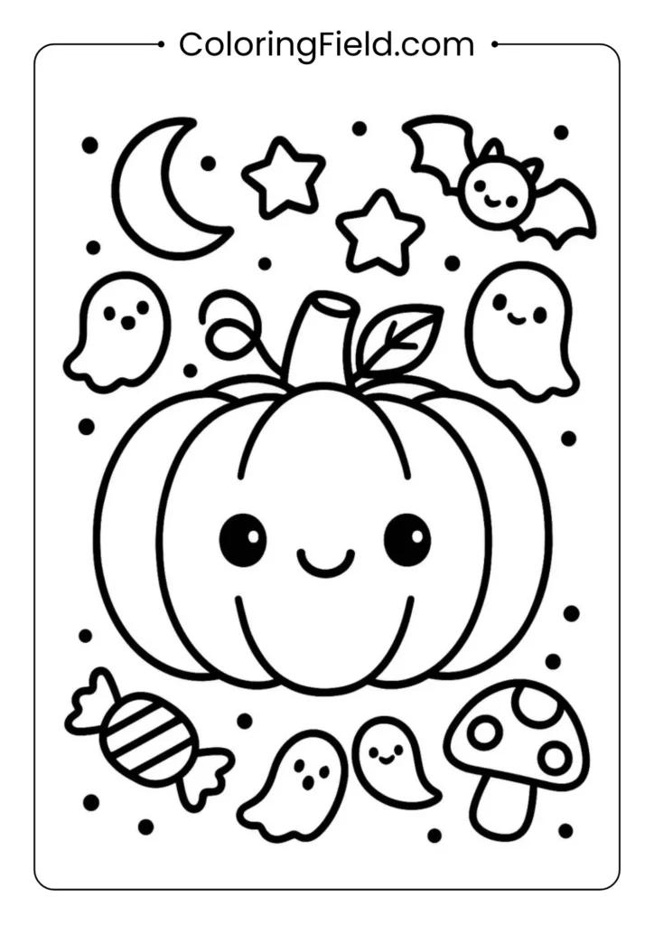 Kawaii cute Halloween pumpkin coloring page featuring an adorable smiling pumpkin with big eyes and sweet Halloween details.