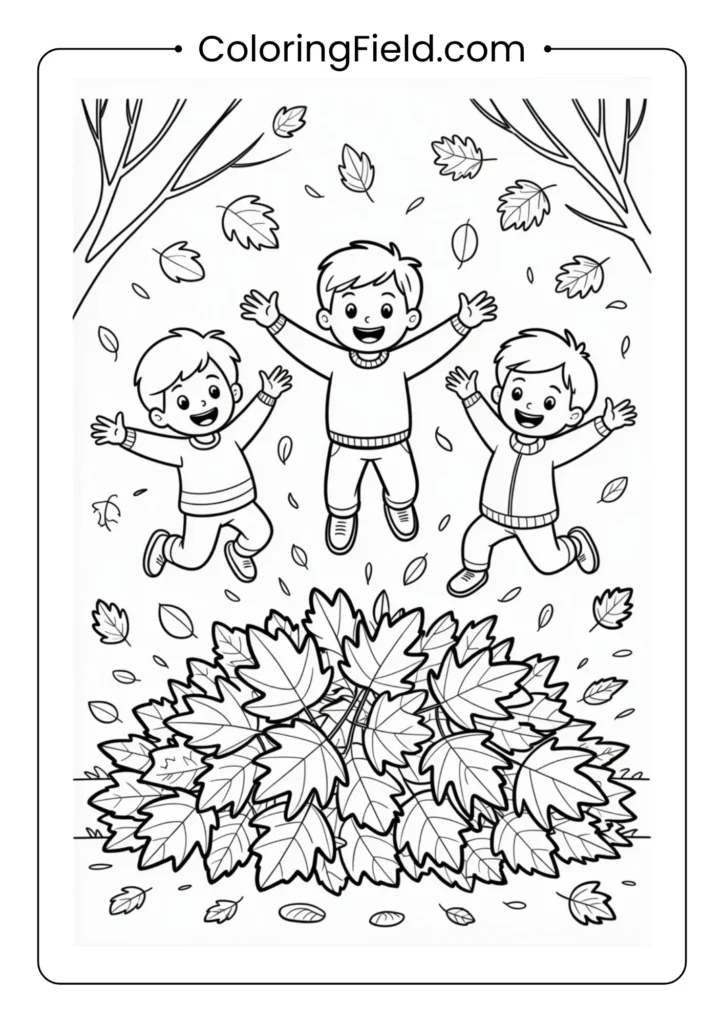 Kids jumping in a leaf pile coloring page featuring joyful children playing among colorful autumn leaves.