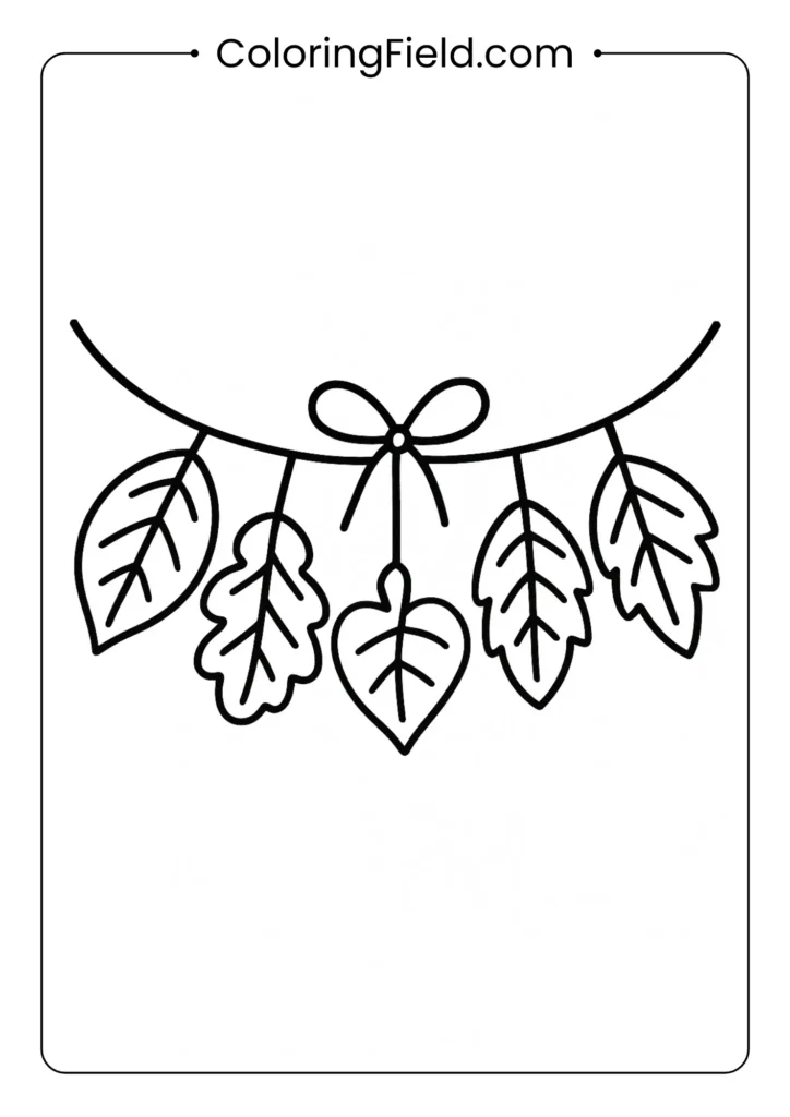 Leaf garland craft coloring page featuring autumn leaves strung together to make a festive seasonal decoration.