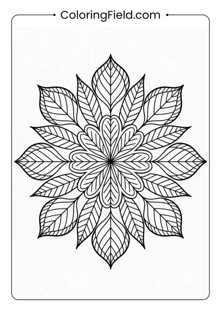 Leaf mandala coloring page featuring a symmetrical circular design made of layered leaves and natural patterns.