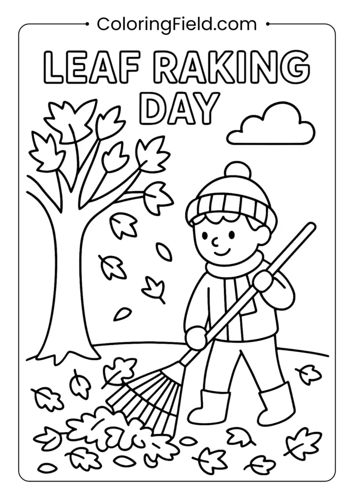 Leaf raking day coloring page featuring kids raking colorful autumn leaves into big piles in a cozy fall yard.