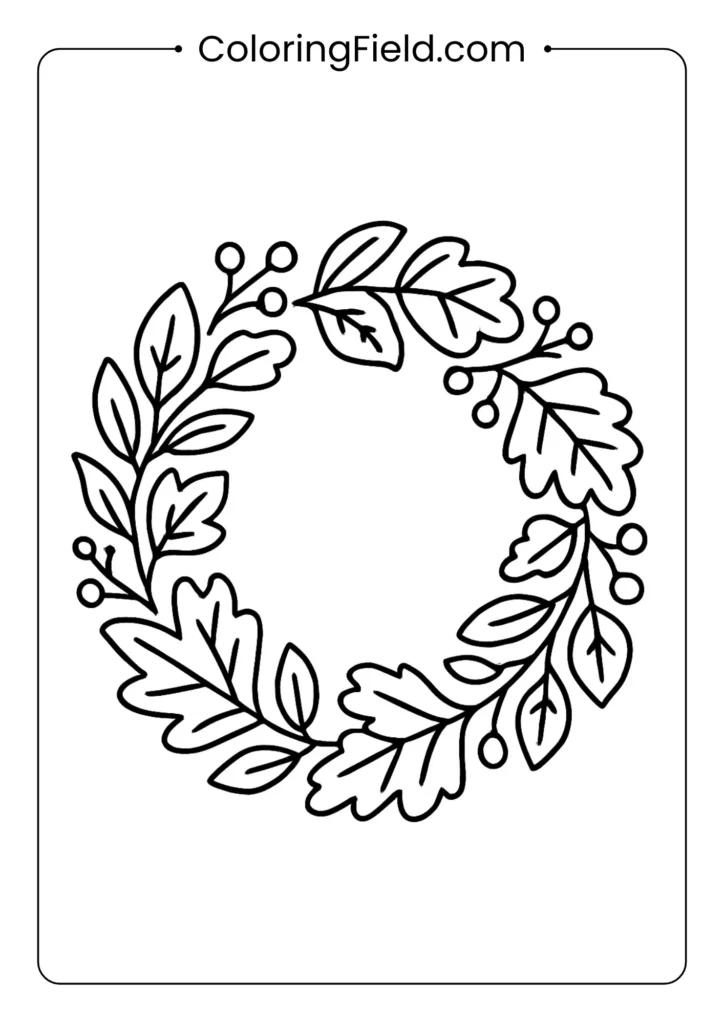 Leaf wreath design coloring page featuring a circular arrangement of autumn leaves and acorns in a festive fall pattern.