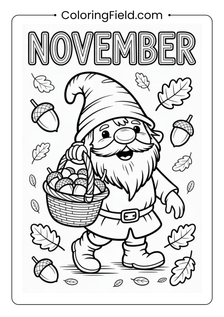 Little gnome carrying a basket of acorns coloring page featuring a cheerful gnome in a pointed hat walking through an autumn forest.