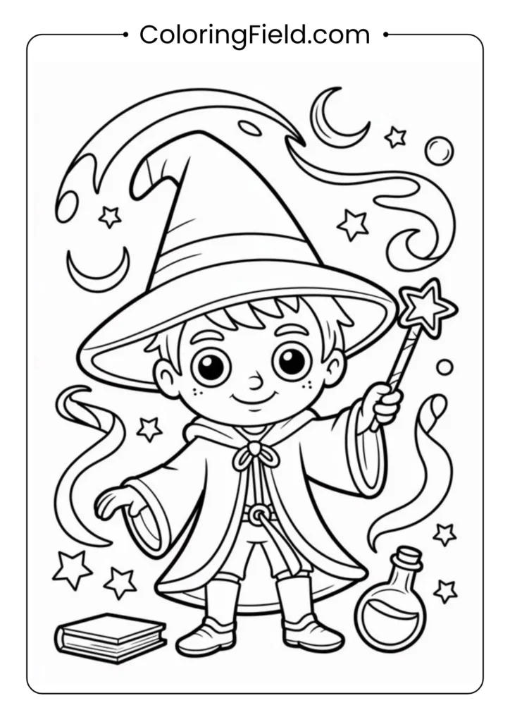 Little wizard apprentice coloring page featuring a young magician practicing spells with a wand and potion bottles.