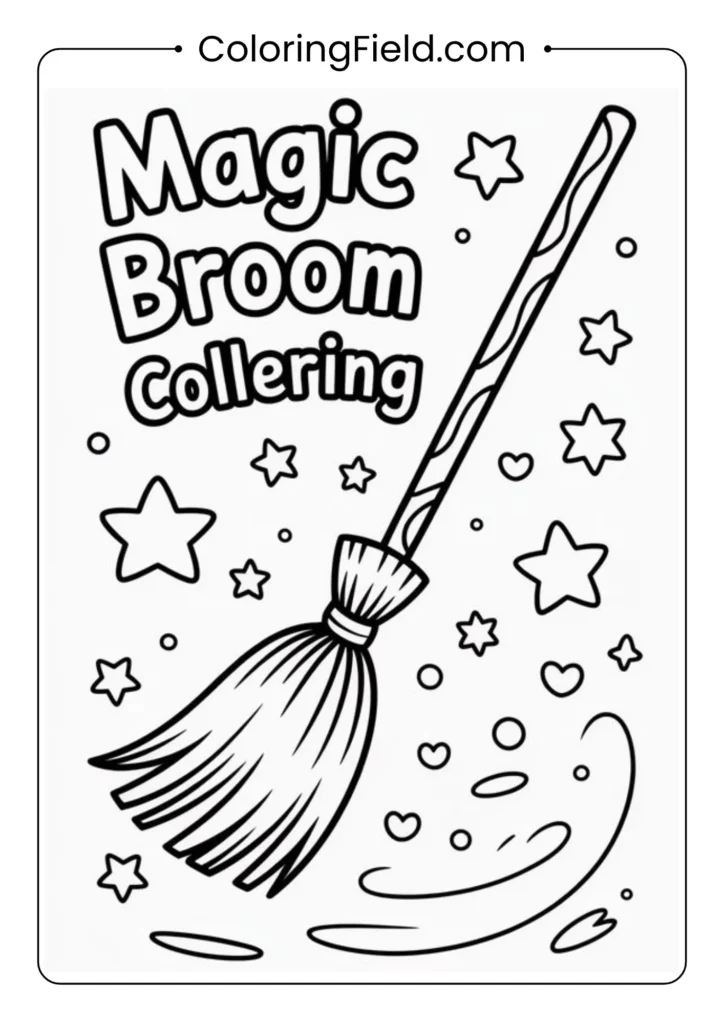 Magic broom collection coloring page featuring a variety of whimsical witch brooms with fun Halloween decorations.