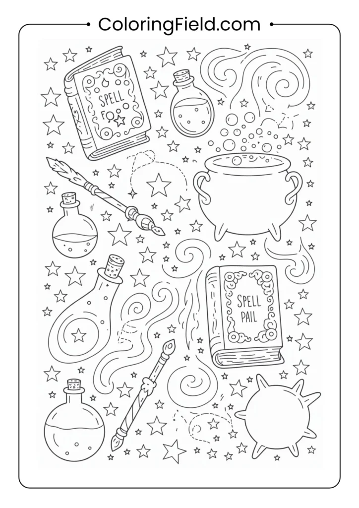 Magic spells and stars coloring page featuring sparkling stars, potion bottles, and mystical spellbook elements.