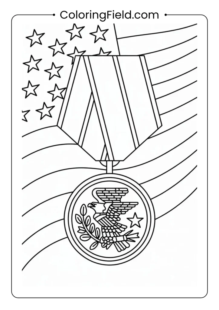 Medal of Honor coloring page featuring the detailed star-shaped military medal with its ribbon and symbolic design elements.