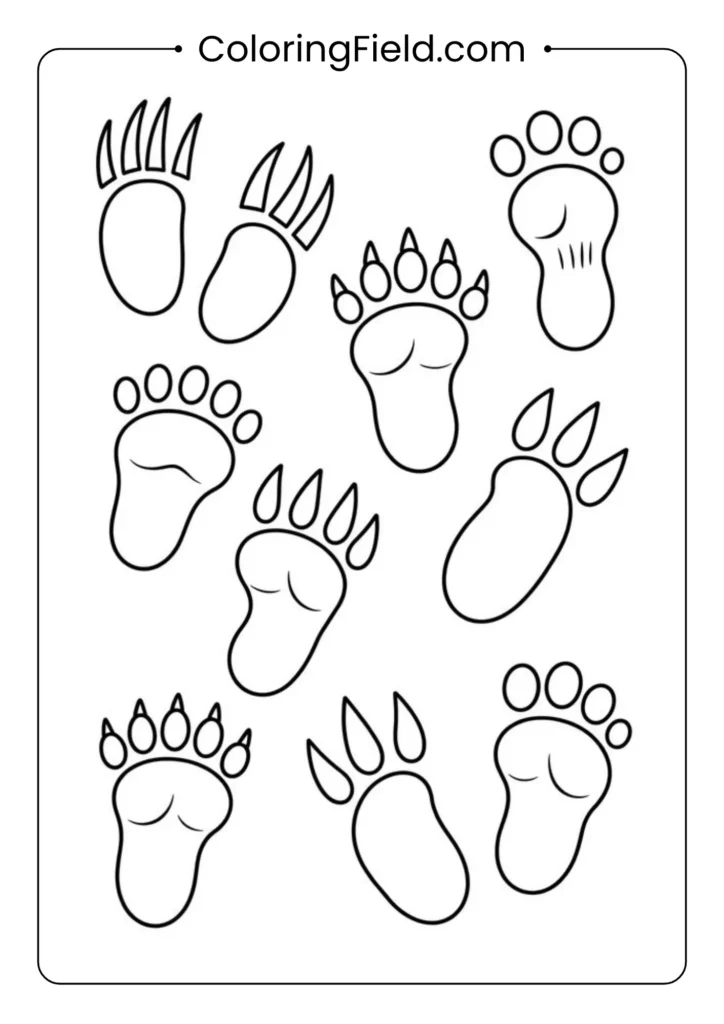 Monster footprints coloring page featuring large spooky tracks leading through a mysterious Halloween landscape.