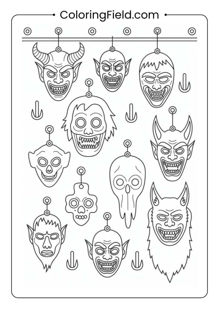 Monster mask wall coloring page featuring a collection of spooky and funny monster masks hanging on a wall.
