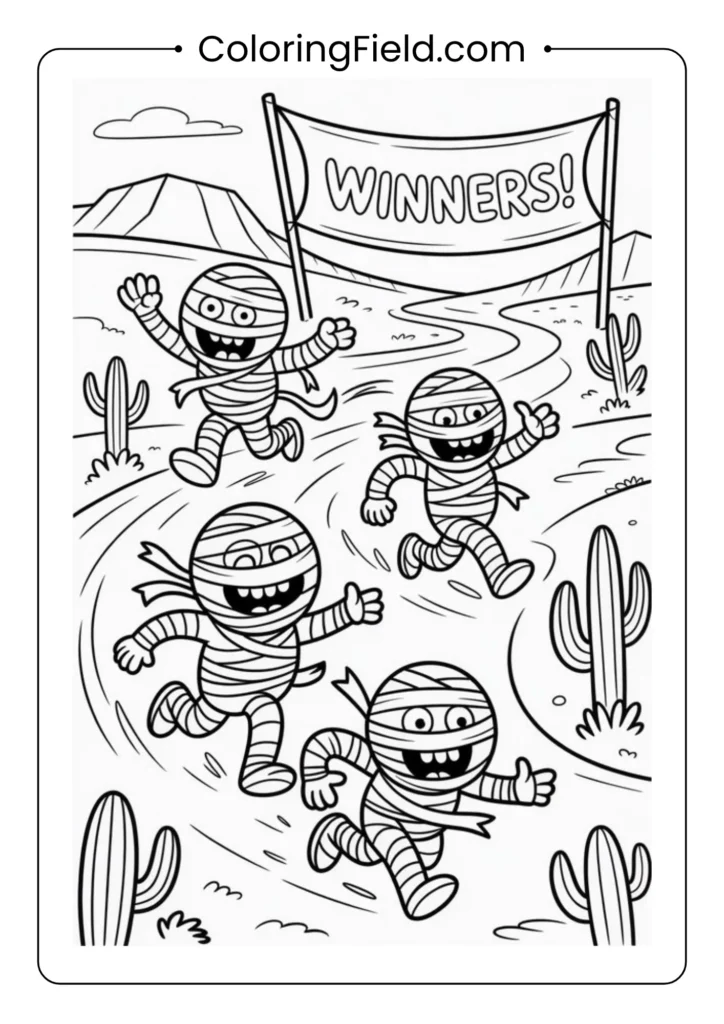 Mummy wrap race coloring page featuring kids dressed as mummies racing in a fun Halloween contest.