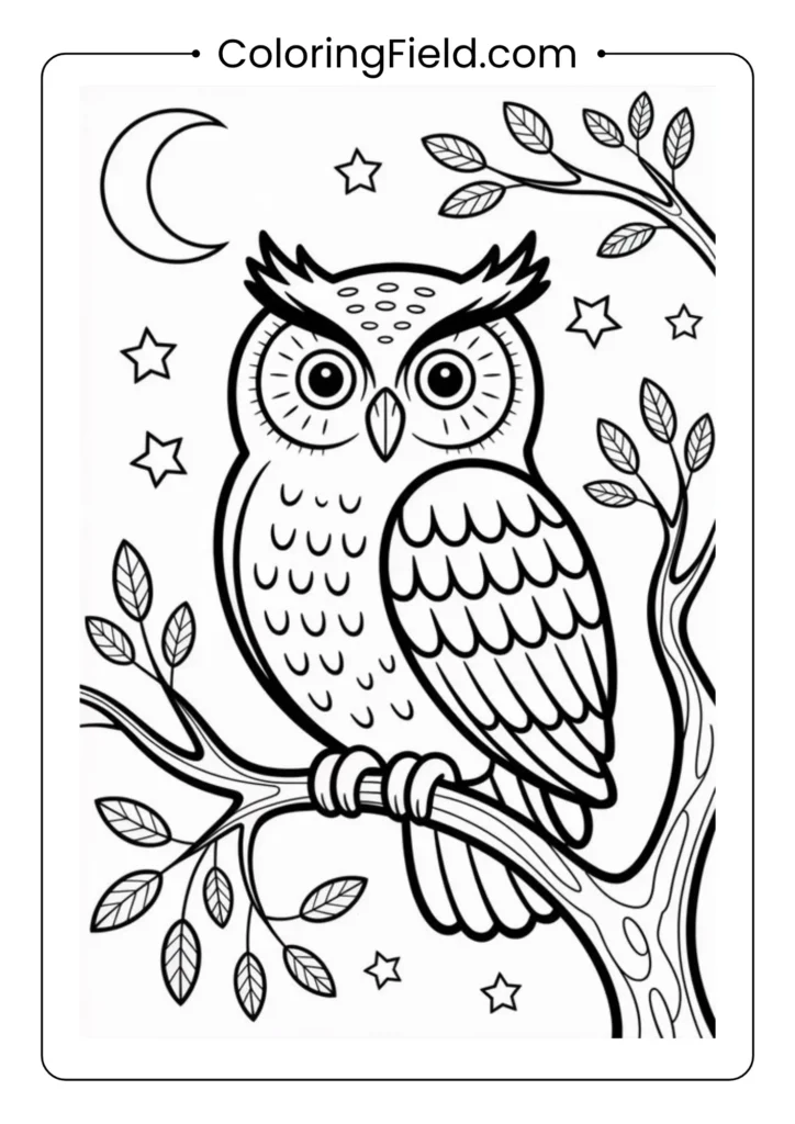Night watch owl coloring page featuring a wise owl perched on a branch under a glowing full moon.