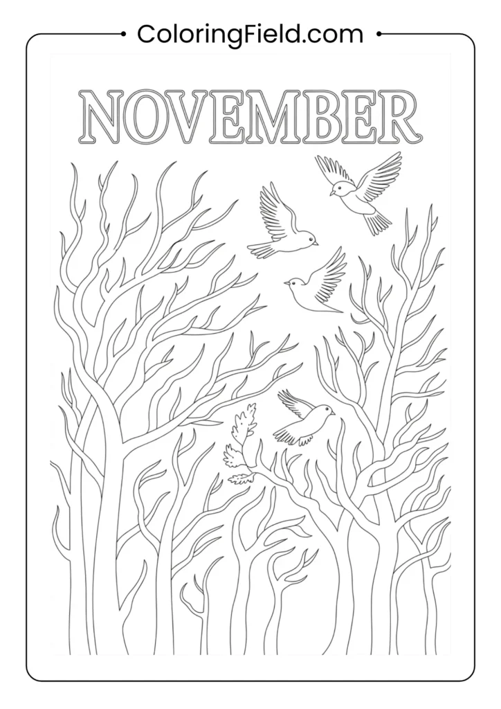 November forest with bare trees and flying birds coloring page featuring a peaceful woodland scene with leafless branches and migrating birds.
