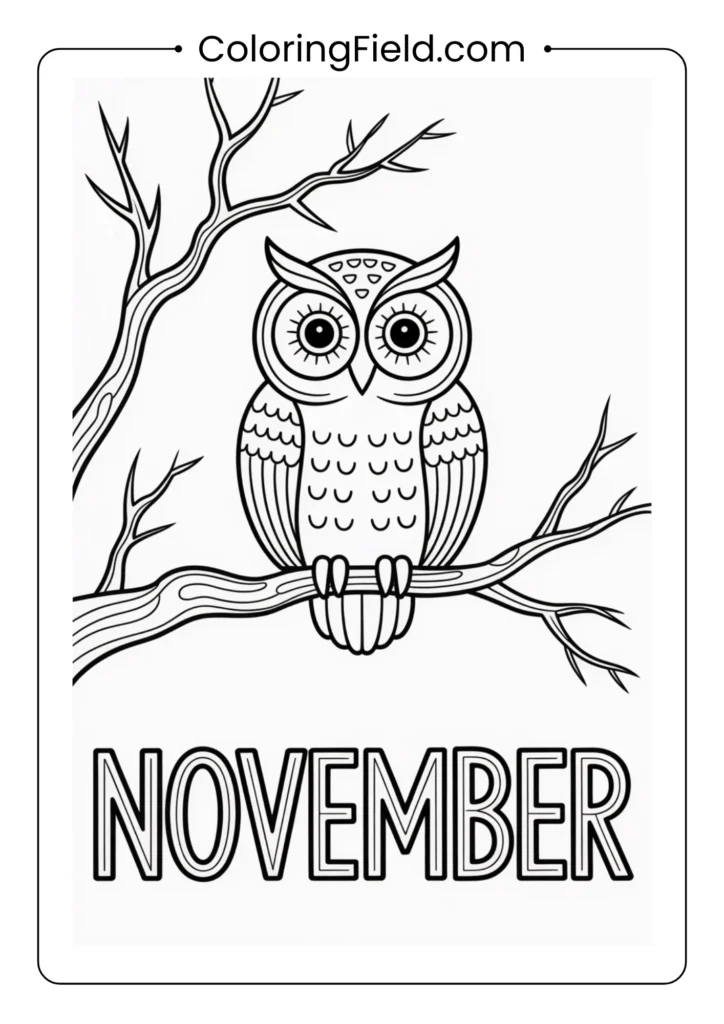Owl sitting on a bare autumn tree branch coloring page featuring a wise owl perched on a leafless branch under a calm fall sky.