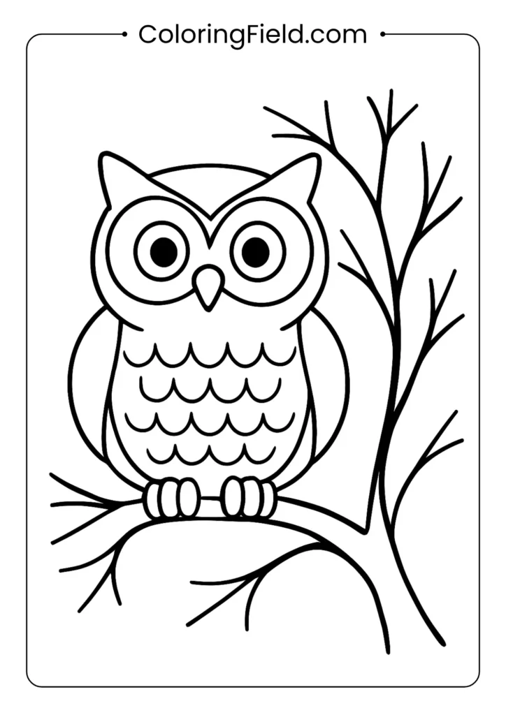Owl on a bare tree branch coloring page featuring a wise owl perched on a leafless branch under the moonlight.