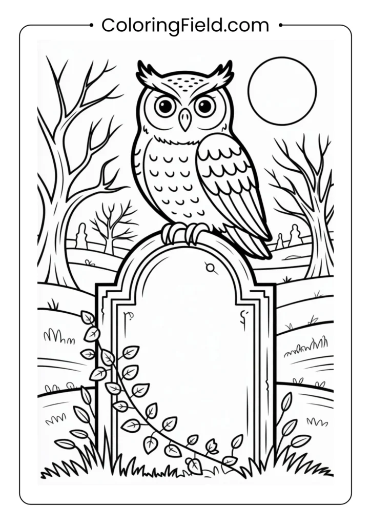 Owl on a gravestone coloring page featuring a wise owl perched on a spooky tombstone under the moonlight.