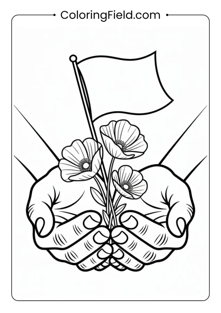 Pair of hands holding a small flag and poppy flowers coloring page featuring gentle hands cradling a U.S. flag with bright remembrance poppies.