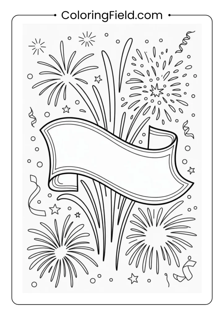 Patriotic banner with fireworks and confetti coloring page featuring a festive banner decorated with stars, stripes, and bursts of fireworks.
