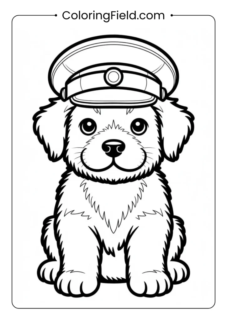 Patriotic puppy coloring page featuring an adorable dog wearing a star-spangled bandana and sitting beside a small American flag.