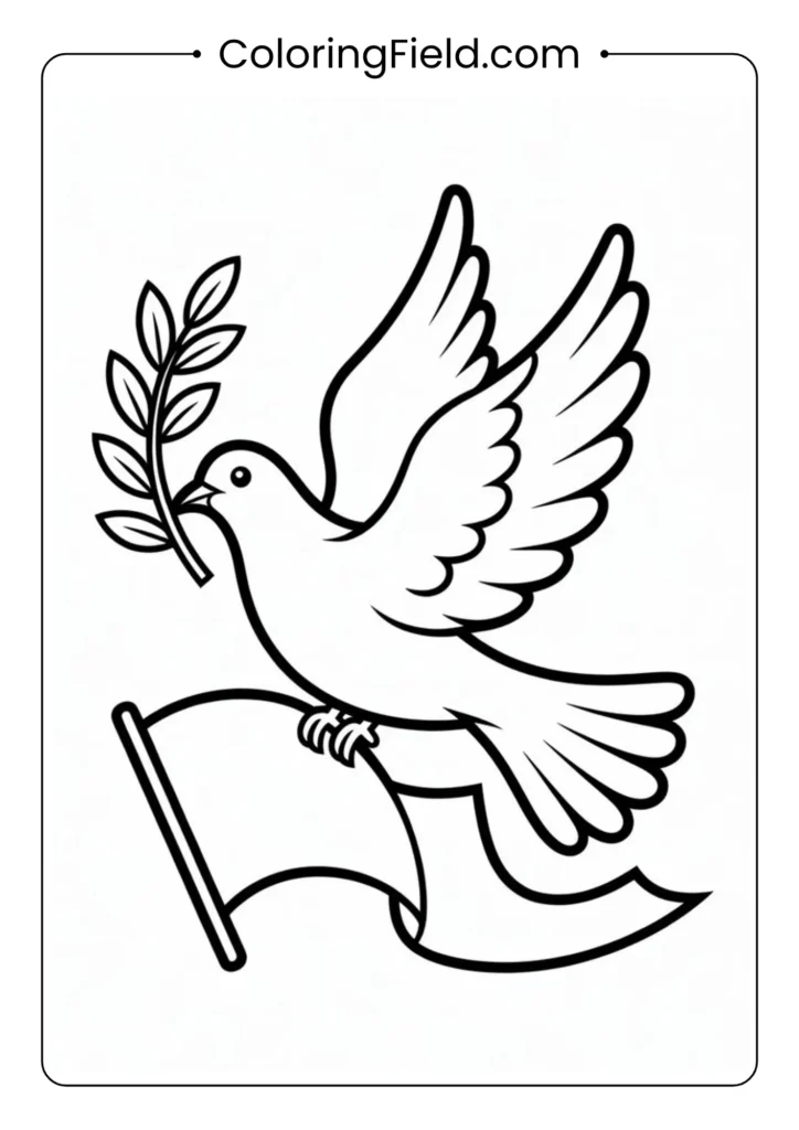 Peace dove coloring page featuring a graceful dove carrying an olive branch in its beak with gentle line details.