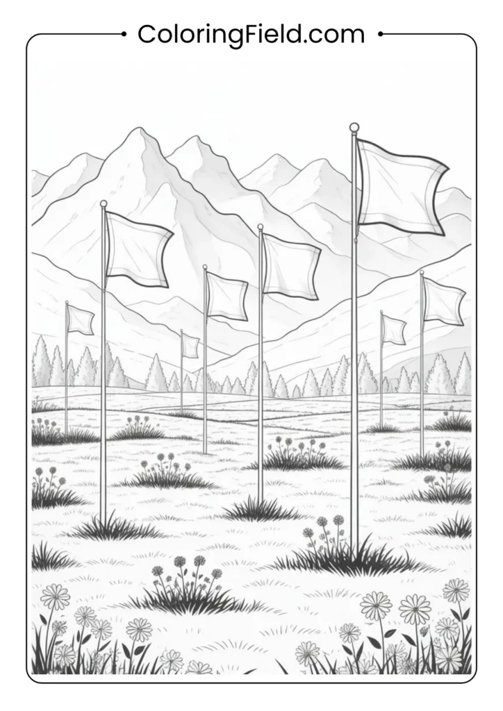 Peaceful field with flying flags and mountains coloring page featuring a scenic landscape of waving American flags set against distant mountain peaks.