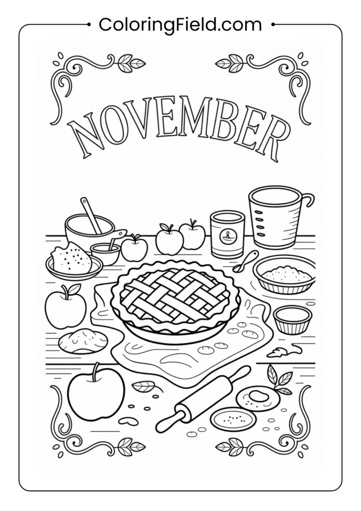 Pie baking scene with rolling pin and apples coloring page featuring a kitchen counter with pie crust, apples, and baking tools.