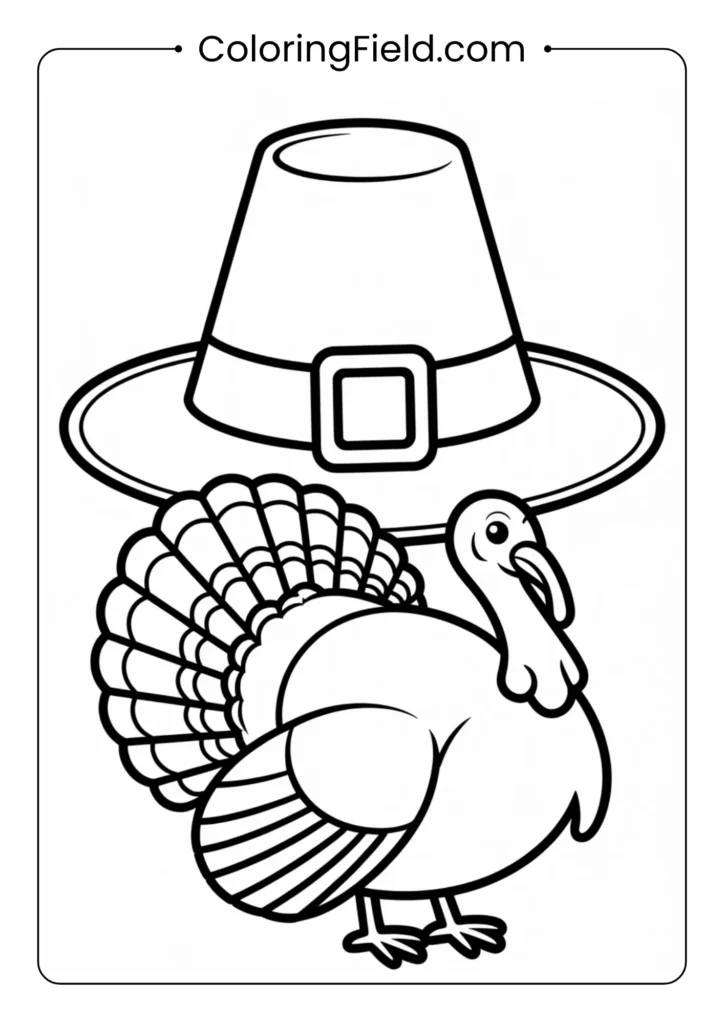 Pilgrim hat and turkey coloring page featuring a cheerful turkey wearing a traditional Pilgrim hat surrounded by fall leaves.