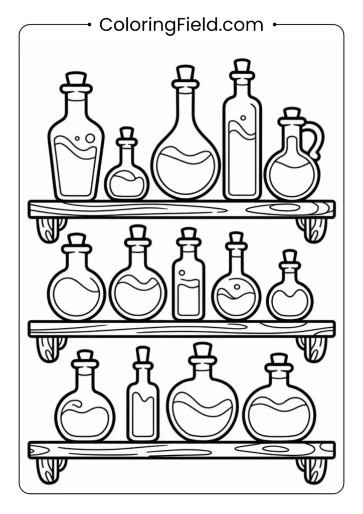Potion shelf coloring page featuring bottles, spell books, and magical ingredients arranged on a witch’s shelf.