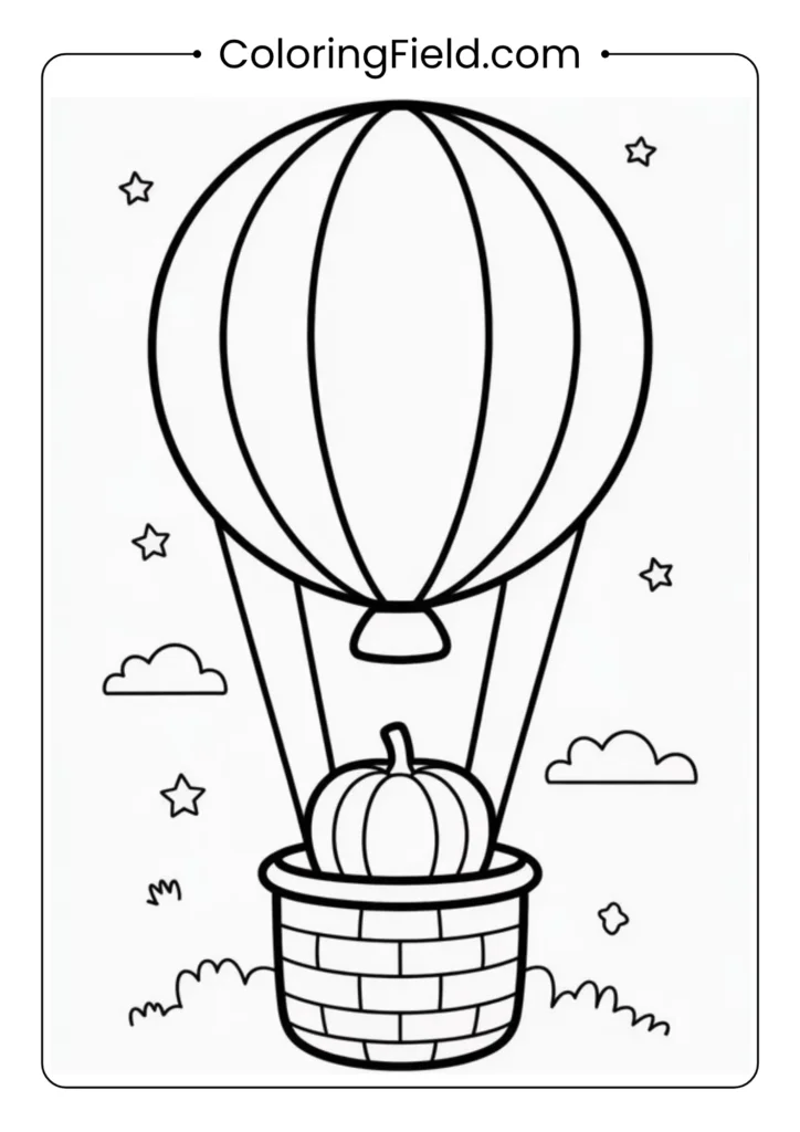 Pumpkin balloon ride coloring page featuring a cute pumpkin-shaped hot air balloon floating in the Halloween sky.