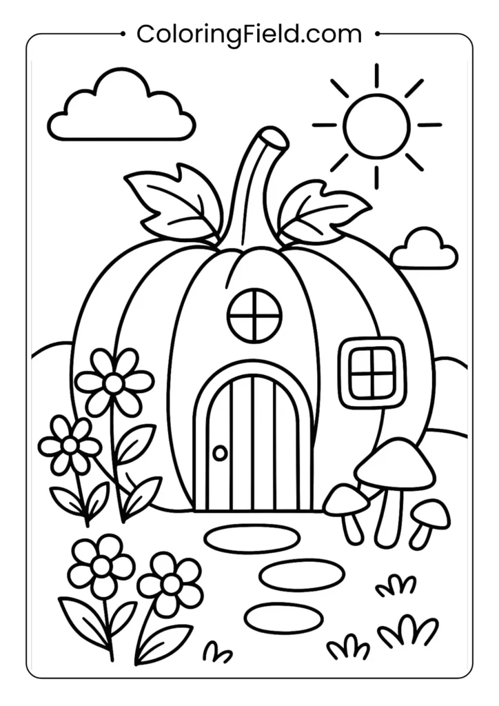 Pumpkin fairy house coloring page featuring a whimsical pumpkin turned into a tiny cottage with windows, doors, and fall decorations.