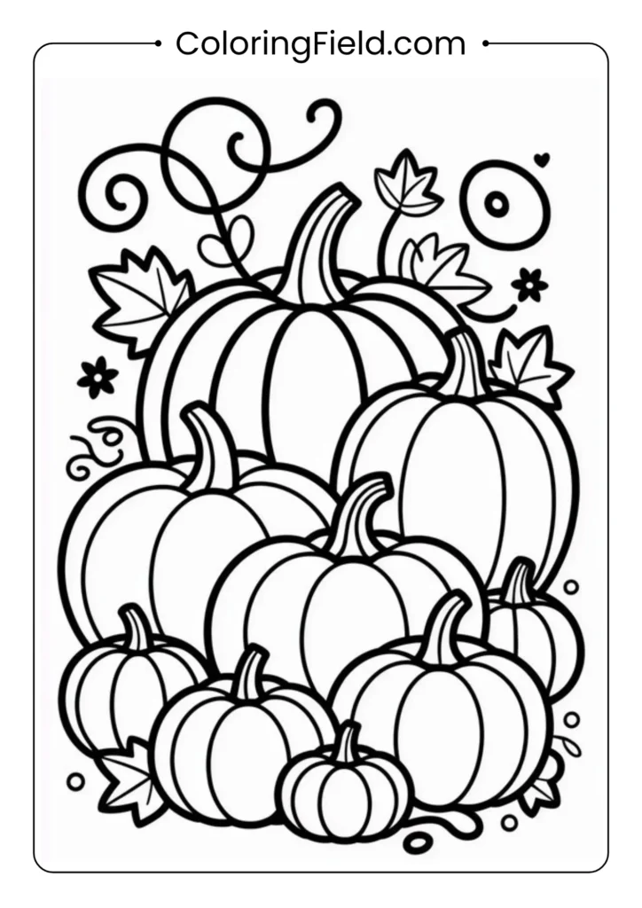Pumpkin family portrait coloring page featuring a group of smiling jack-o’-lanterns posing together in a festive Halloween scene.