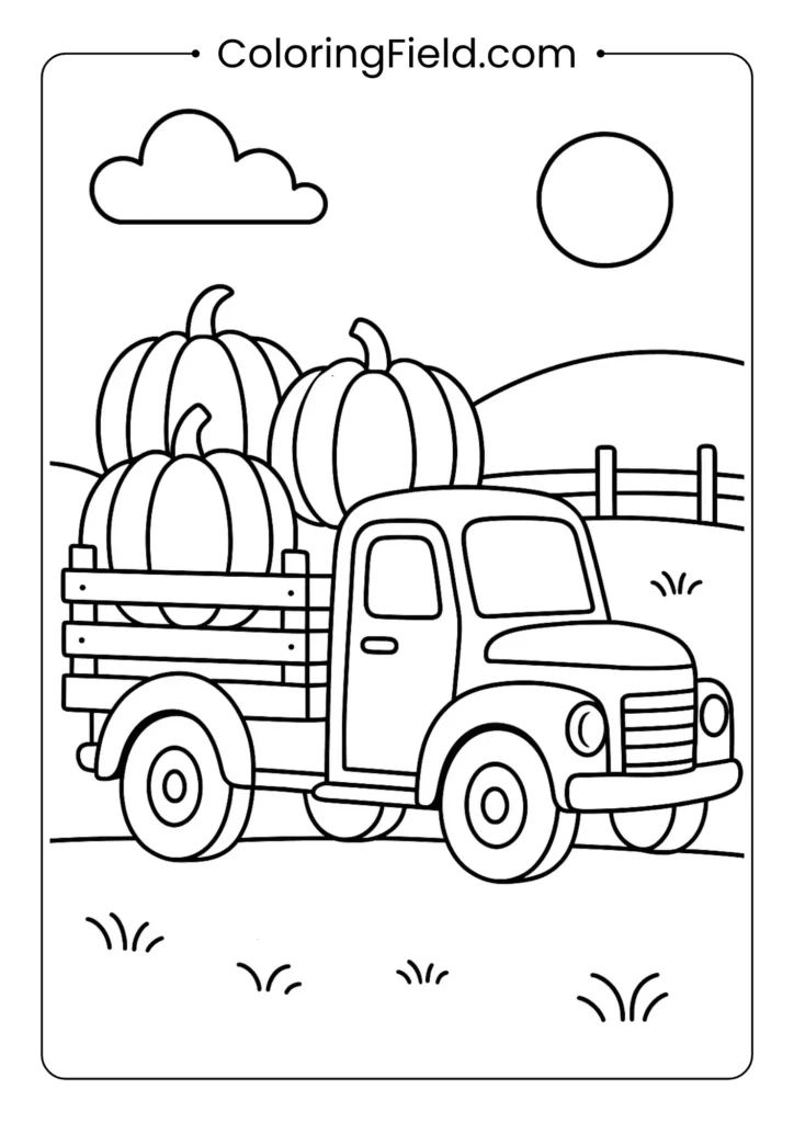Pumpkin farm truck coloring page featuring a vintage pickup filled with pumpkins driving through a fall countryside.