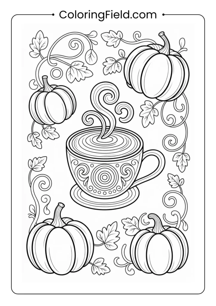 Pumpkin latte pattern coloring page featuring repeating mugs of pumpkin spice lattes with whipped cream, leaves, and cozy fall details.