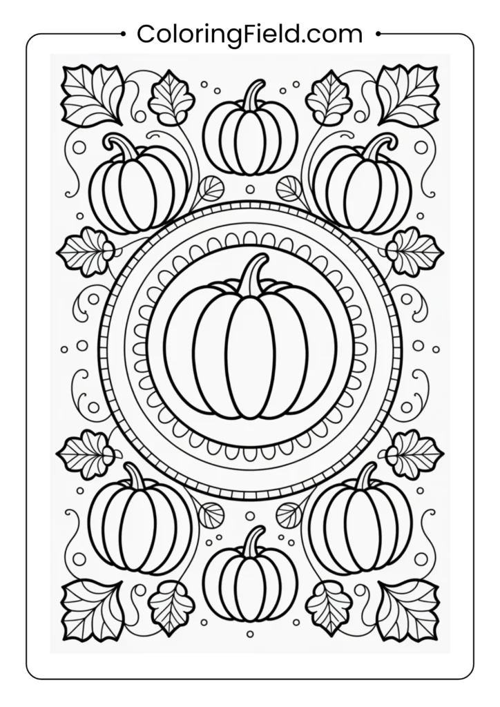 Pumpkin patch mandala coloring page featuring a circular design of pumpkins, vines, and autumn leaves arranged in a symmetrical pattern.