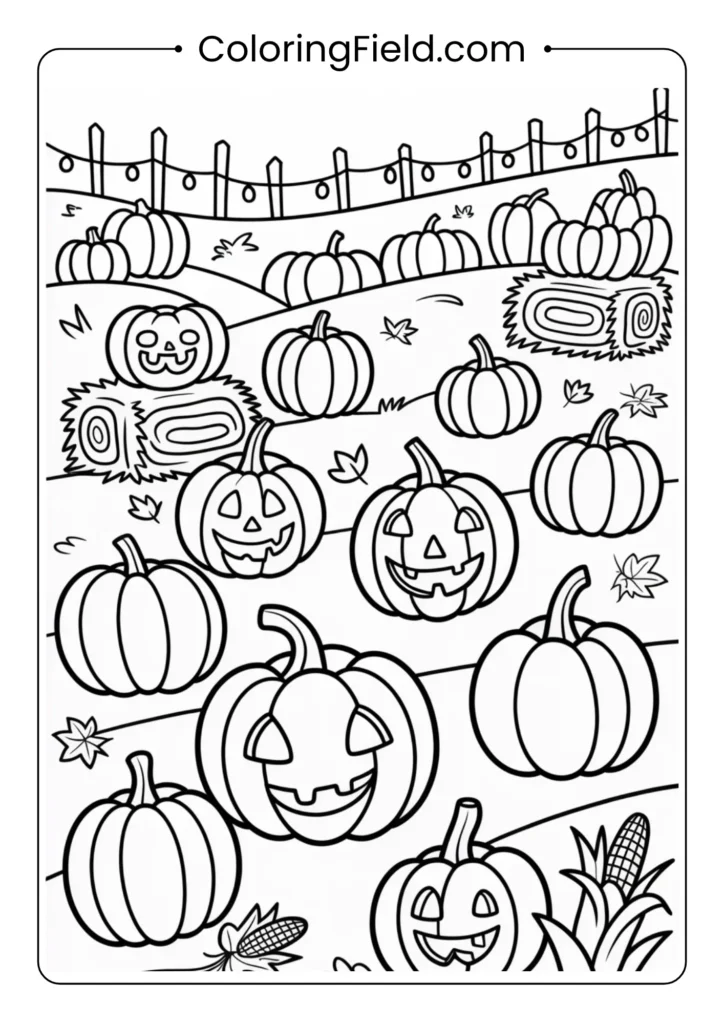 Pumpkin patch party coloring page featuring cheerful pumpkins, festive decorations, and a fun autumn harvest scene.