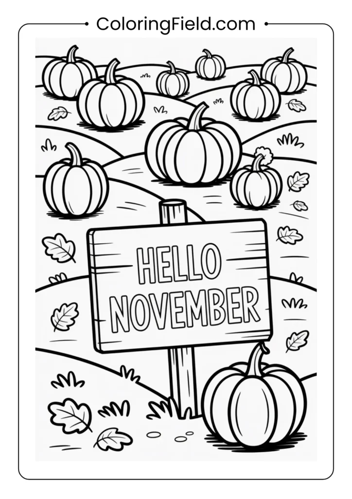 Pumpkin patch with a wooden sign coloring page featuring rows of pumpkins, a rustic sign, and a scenic autumn farm backdrop.