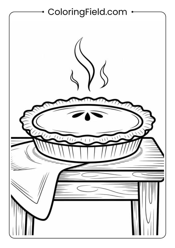 Pumpkin pie on the table coloring page featuring a delicious pie with whipped cream placed on a festive autumn table.