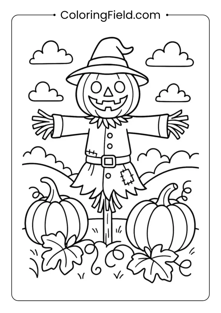 Pumpkin scarecrow coloring page featuring a friendly scarecrow with a pumpkin head standing in a spooky autumn field.