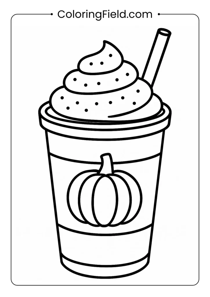 Pumpkin spice latte cup coloring page featuring a cozy coffee cup with whipped cream, autumn leaves, and pumpkin accents.