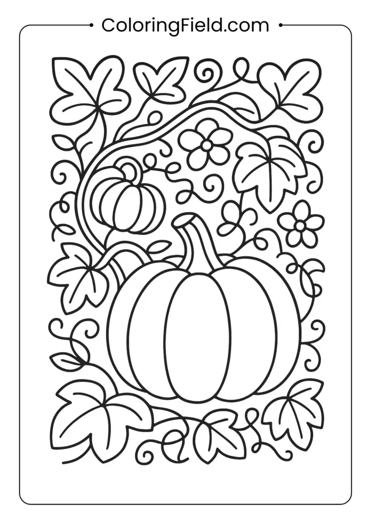 Pumpkin vine garden coloring page featuring pumpkins growing on twisting vines surrounded by leaves and flowers.