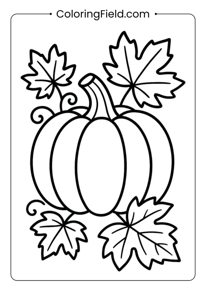 Pumpkin with leaves coloring page featuring a large autumn pumpkin surrounded by falling leaves.