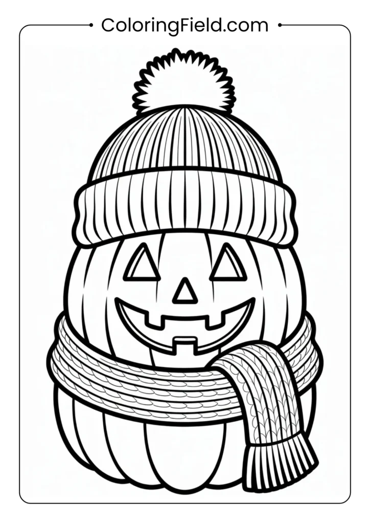 Pumpkin with hat and scarf coloring page featuring a cute pumpkin dressed warmly with a cozy scarf and a fall hat.