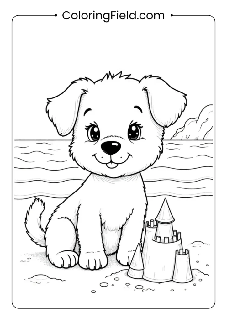 Puppy at the beach with a sandcastle coloring page featuring a cute dog playing beside a sandcastle, seashells, and gentle ocean waves.