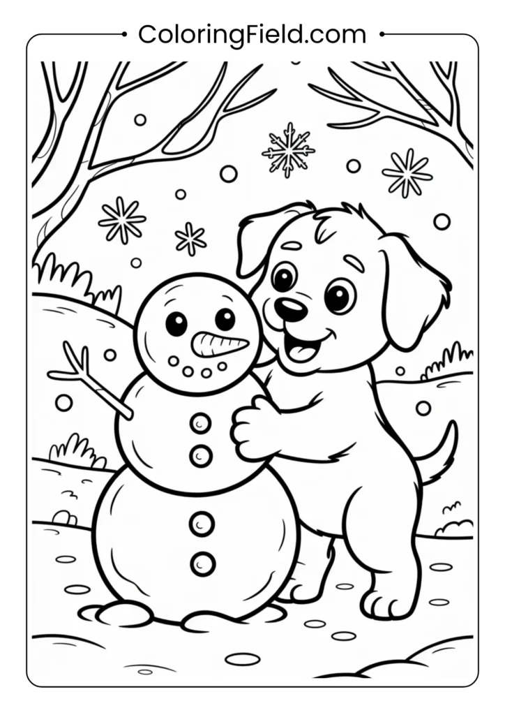 Puppy building a snowman coloring page featuring an adorable dog rolling snowballs and adding details to a cheerful snowman.