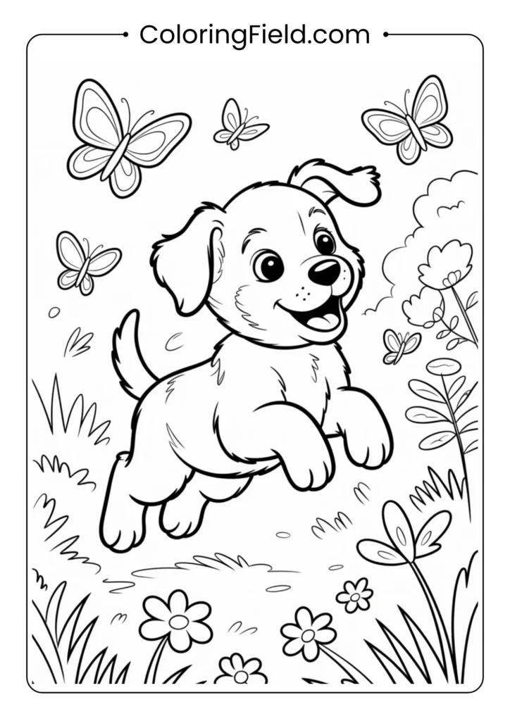 Puppy chasing butterflies coloring page featuring a playful dog running through grass as butterflies flutter around.